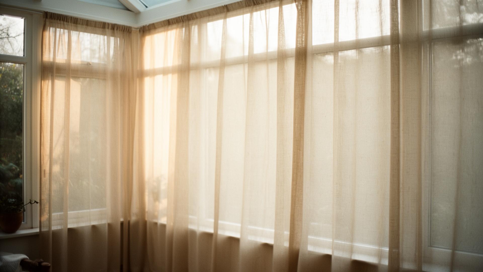Soft morning light through sheer linen curtains in a sunlit conservatory